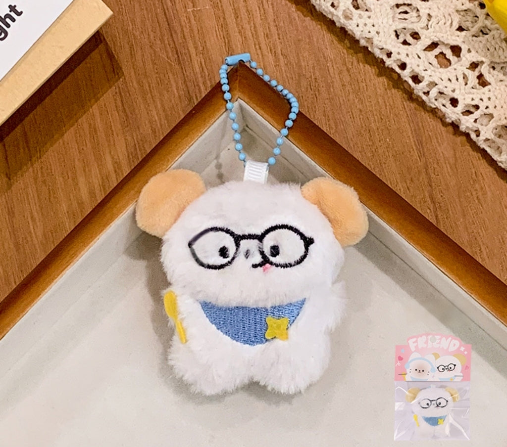 Kawaii Plush Puppy Bag Charm – White Dog with Glasses & Blue Sweater | Fluffy Keychain for Bags & Backpacks