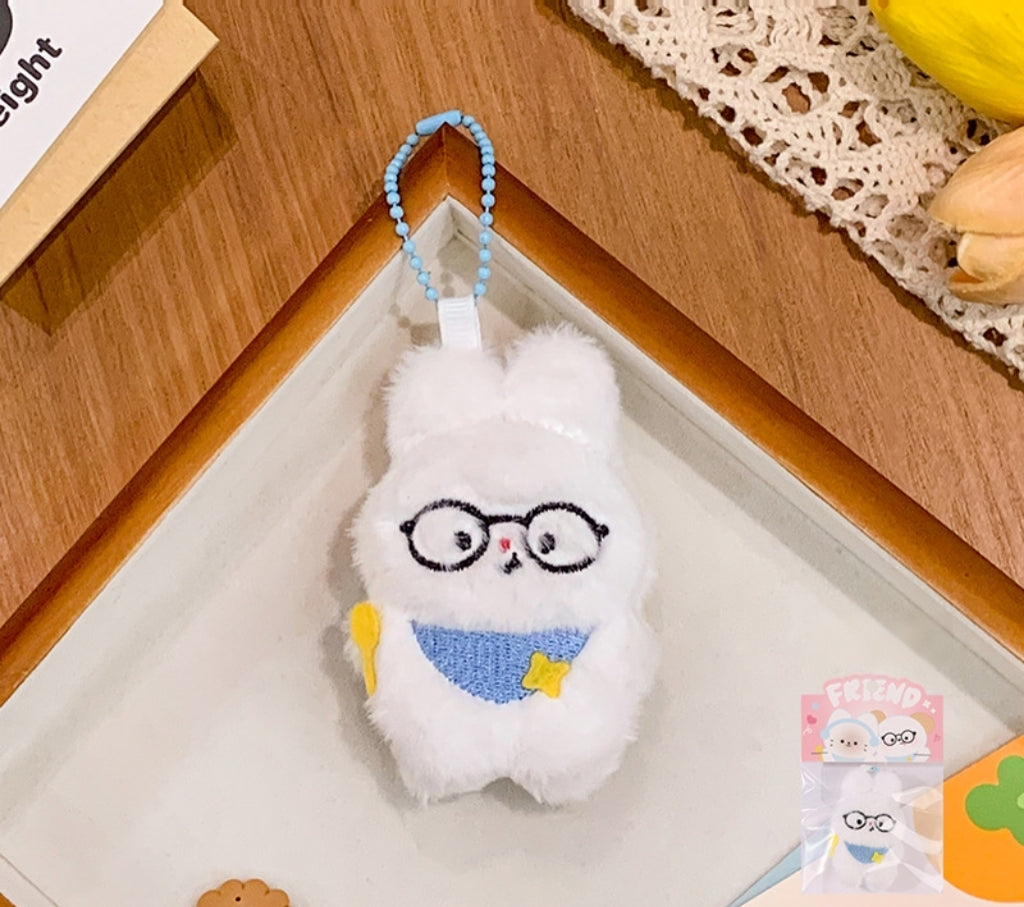 Kawaii Plush Bunny Bag Charm – White Rabbit with Glasses & Blue Sweater | Cute Fluffy Keychain for Bags & Backpacks