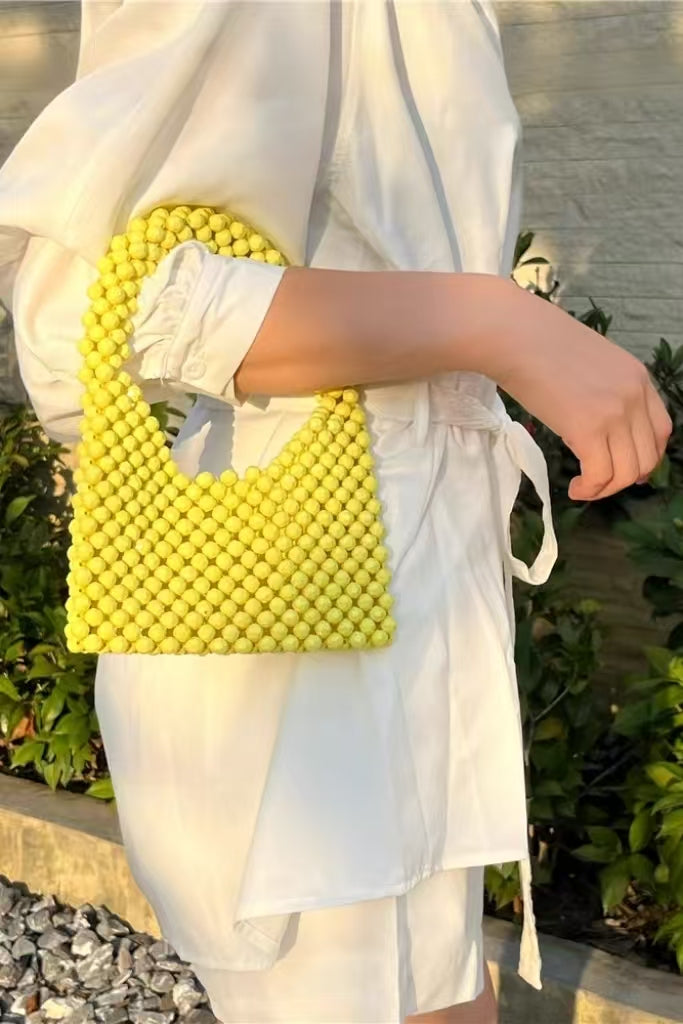 Beaded Handbag for Women – Chic Acrylic Bead Purse in Yellow, Green, Blue, Black, and Silver – Vintage-Inspired Shoulder Bag