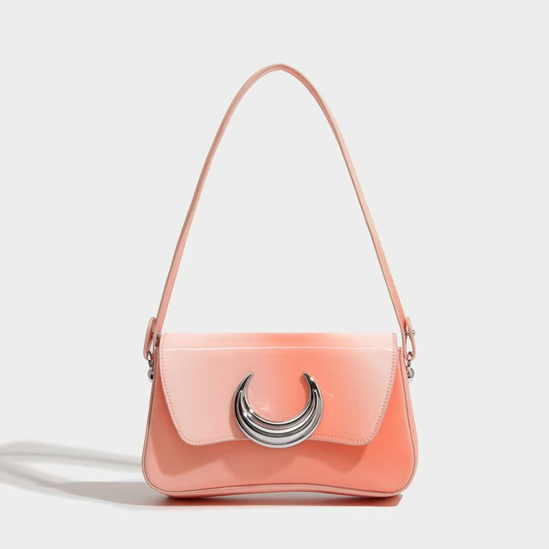 Moon Buckle Glossy Shoulder Bag – Crescent Charm Handbag for Daily & Evening Looks