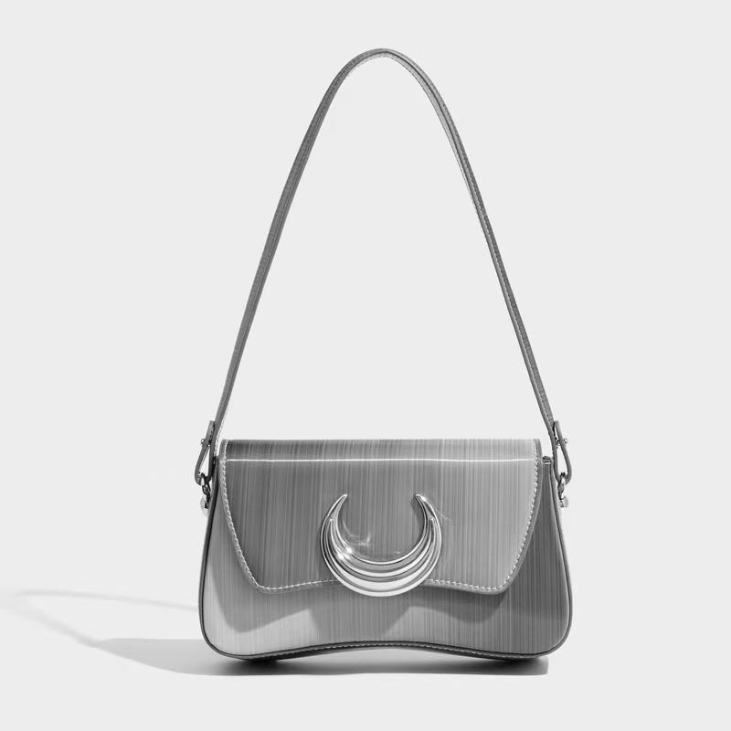 Moon Buckle Glossy Shoulder Bag – Crescent Charm Handbag for Daily & Evening Looks