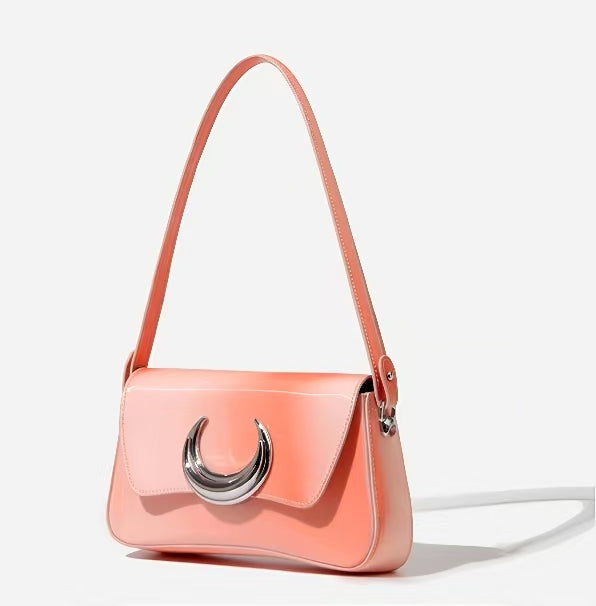 Moon Buckle Glossy Shoulder Bag – Crescent Charm Handbag for Daily & Evening Looks
