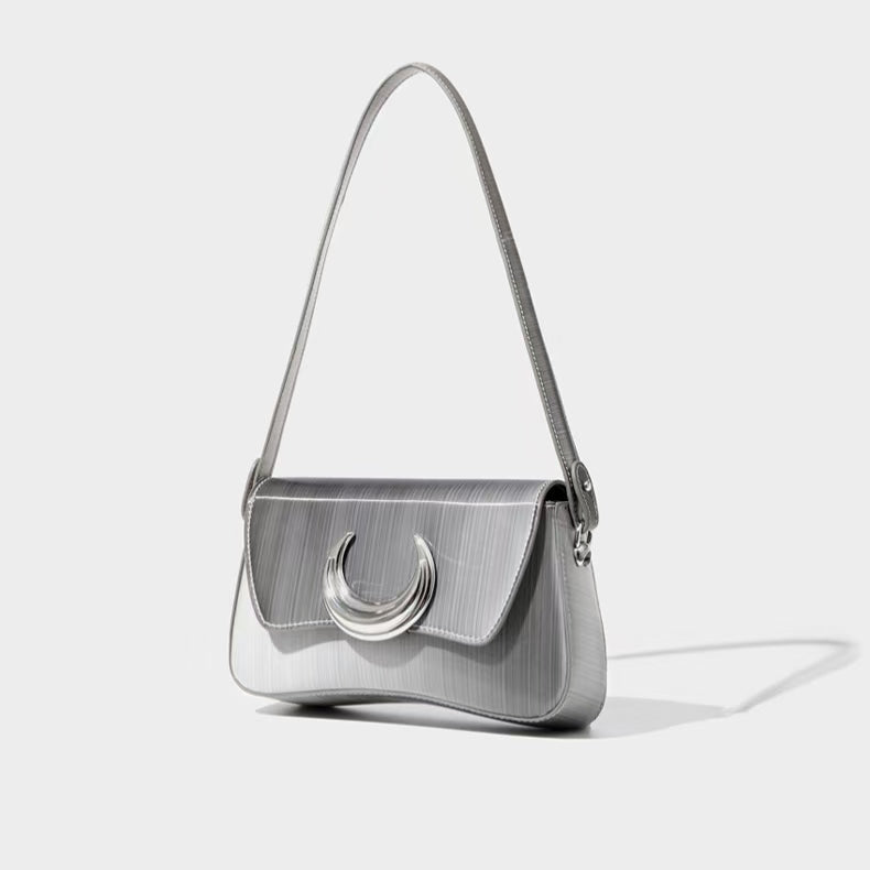 Moon Buckle Glossy Shoulder Bag – Crescent Charm Handbag for Daily & Evening Looks