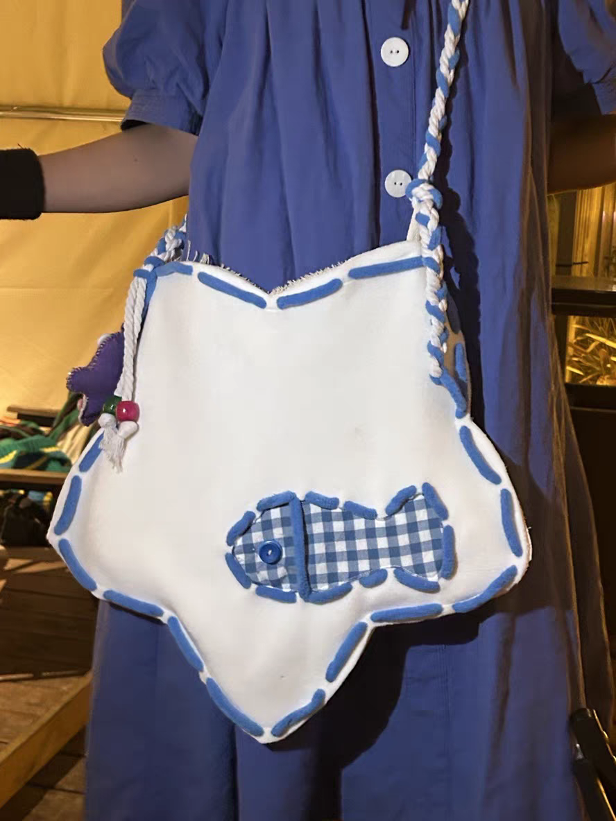 Whimsical Fish-Shaped Tote Bag – Handmade Gingham Patchwork Shoulder Bag with Plush Charm
