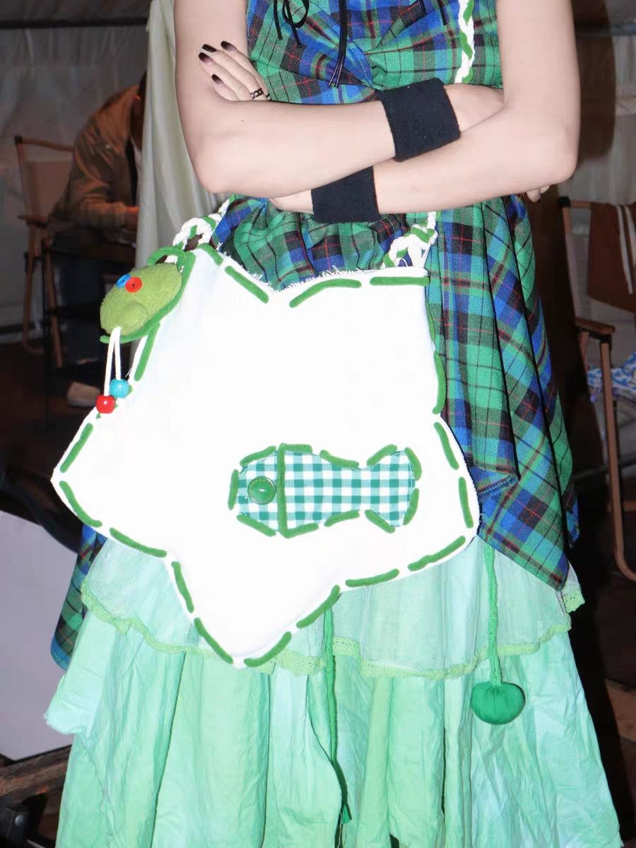 Whimsical Fish-Shaped Tote Bag – Handmade Gingham Patchwork Shoulder Bag with Plush Charm