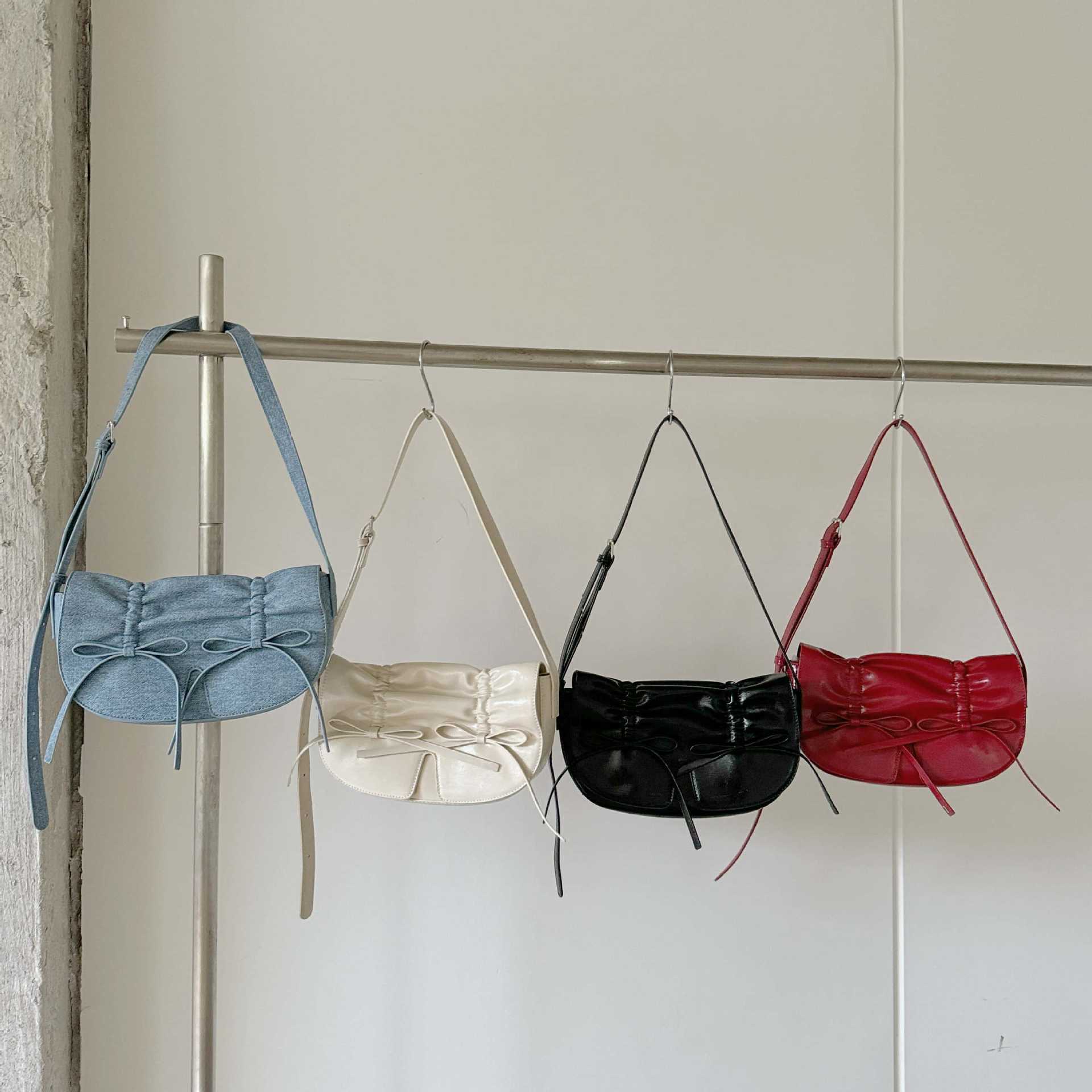 Ruched Bowknot Shoulder Bag – Denim / White / Black / Red | Trendy Mini Handbag with Adjustable Strap