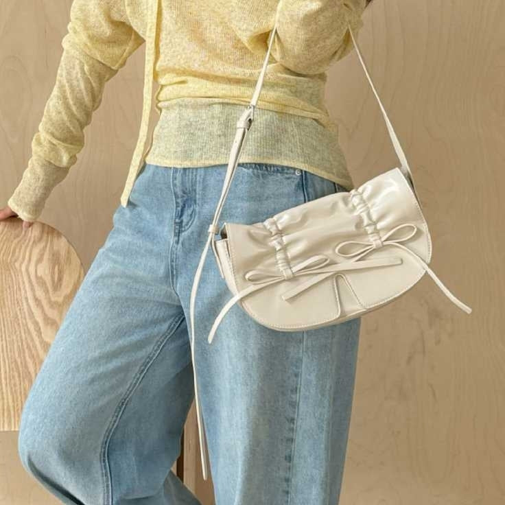 Ruched Bowknot Shoulder Bag – Denim / White / Black / Red | Trendy Mini Handbag with Adjustable Strap