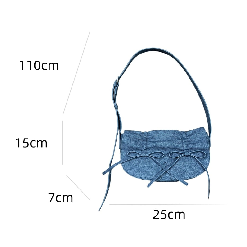 Ruched Bowknot Shoulder Bag – Denim / White / Black / Red | Trendy Mini Handbag with Adjustable Strap