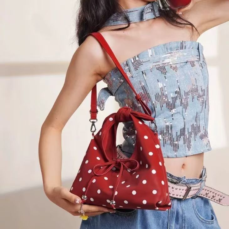 Red Polka Dot Hobo Bag – Y2K Retro Knot Shoulder Purse with Drawstring & Charm Details