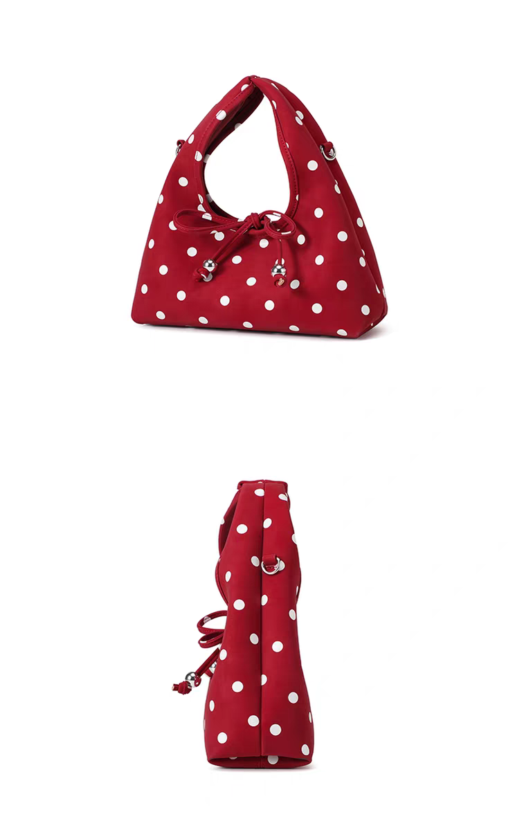 Red Polka Dot Hobo Bag – Y2K Retro Knot Shoulder Purse with Drawstring & Charm Details