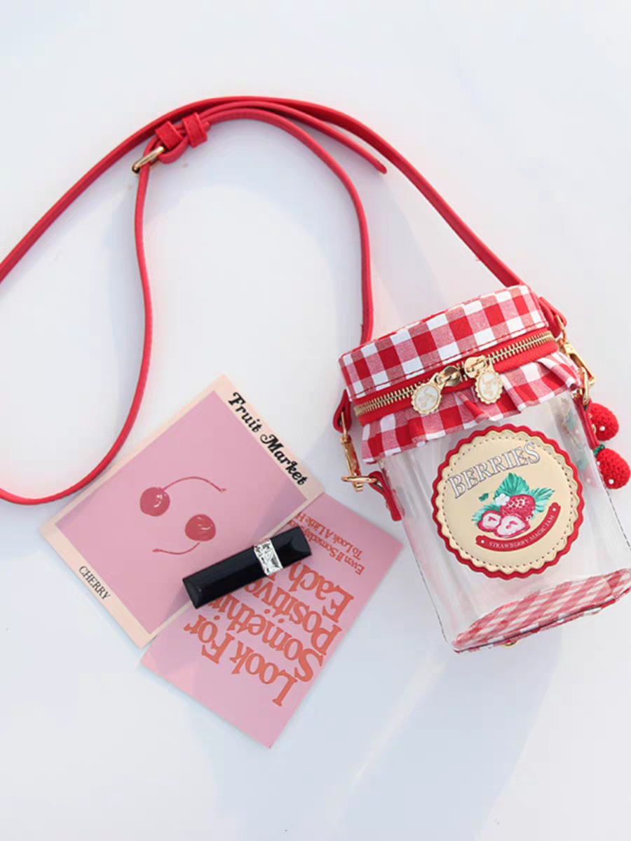 Strawberry Jam Jar Clear Crossbody Bag – Vintage Picnic Gingham Purse with Strawberry Charm