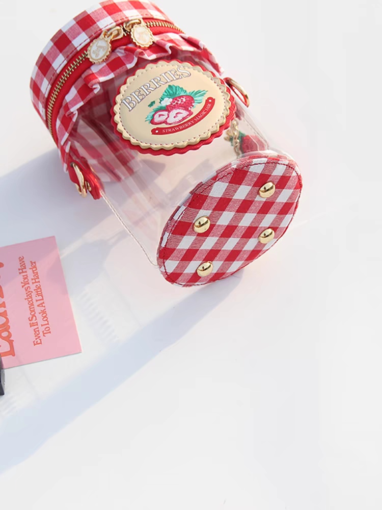 Strawberry Jam Jar Clear Crossbody Bag – Vintage Picnic Gingham Purse with Strawberry Charm