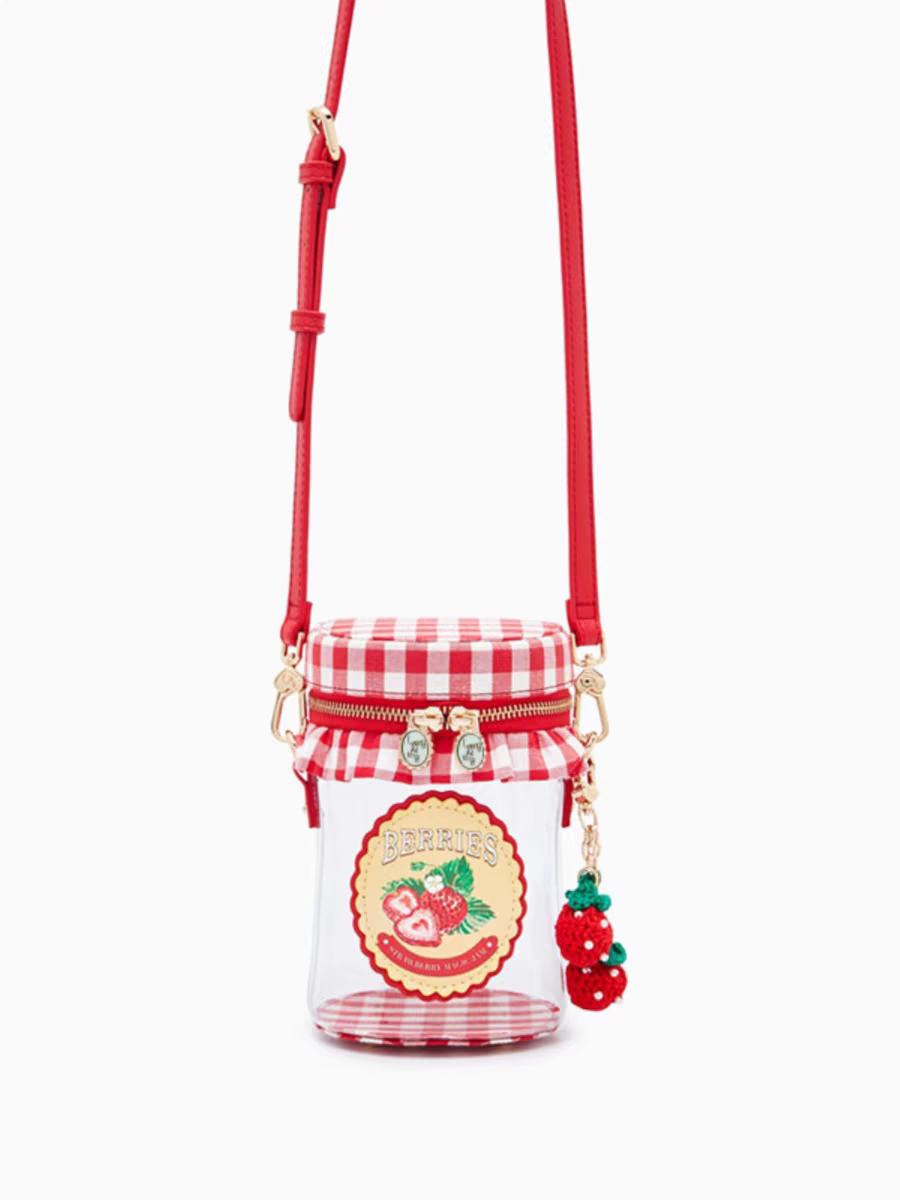 Strawberry Jam Jar Clear Crossbody Bag – Vintage Picnic Gingham Purse with Strawberry Charm