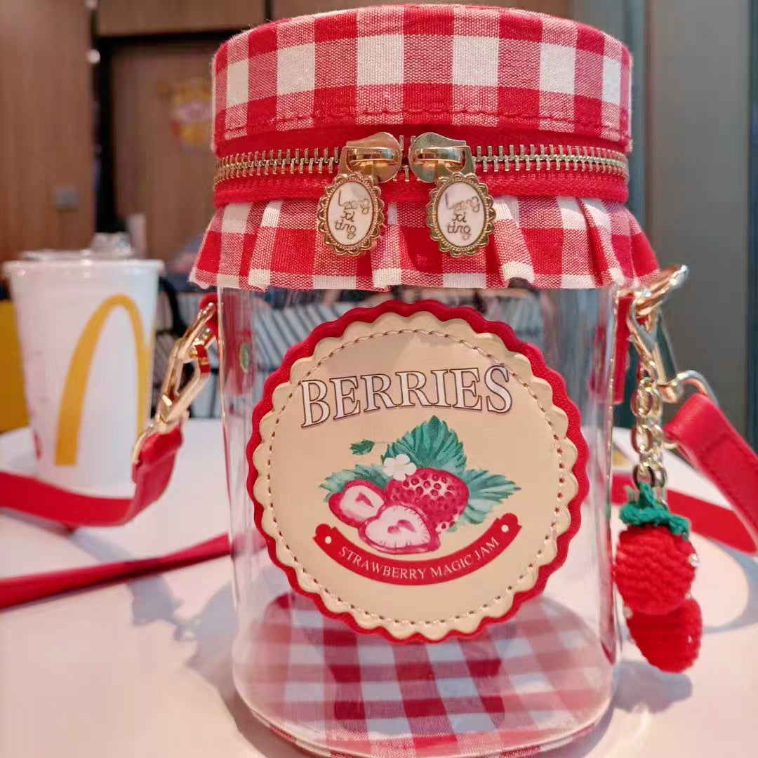 Strawberry Jam Jar Clear Crossbody Bag – Vintage Picnic Gingham Purse with Strawberry Charm