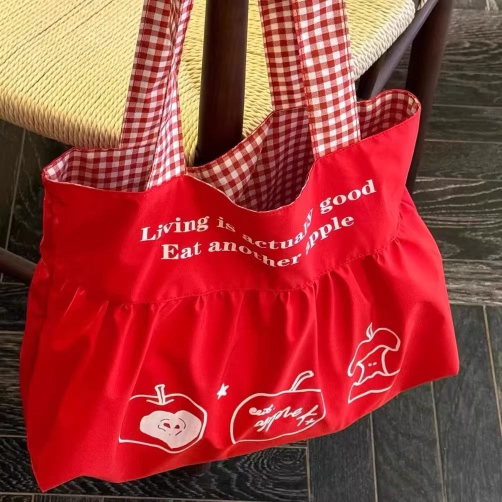 Red Apple Gingham Tote Bag – Cute Fruit Shoulder Bag with Plush Charm & Picnic Style