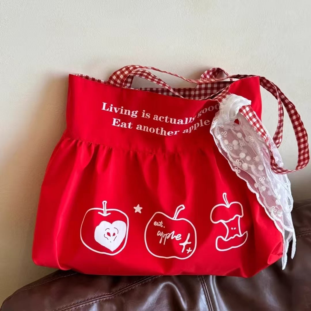 Red Apple Gingham Tote Bag – Cute Fruit Shoulder Bag with Plush Charm & Picnic Style