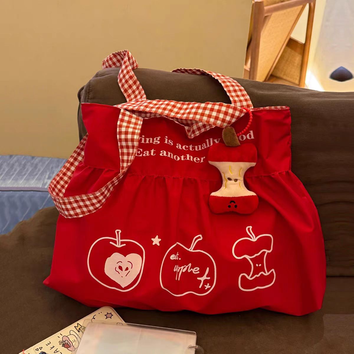 Red Apple Gingham Tote Bag – Cute Fruit Shoulder Bag with Plush Charm & Picnic Style