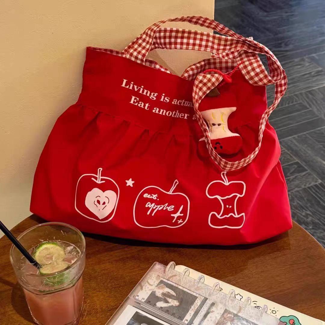 Red Apple Gingham Tote Bag – Cute Fruit Shoulder Bag with Plush Charm & Picnic Style