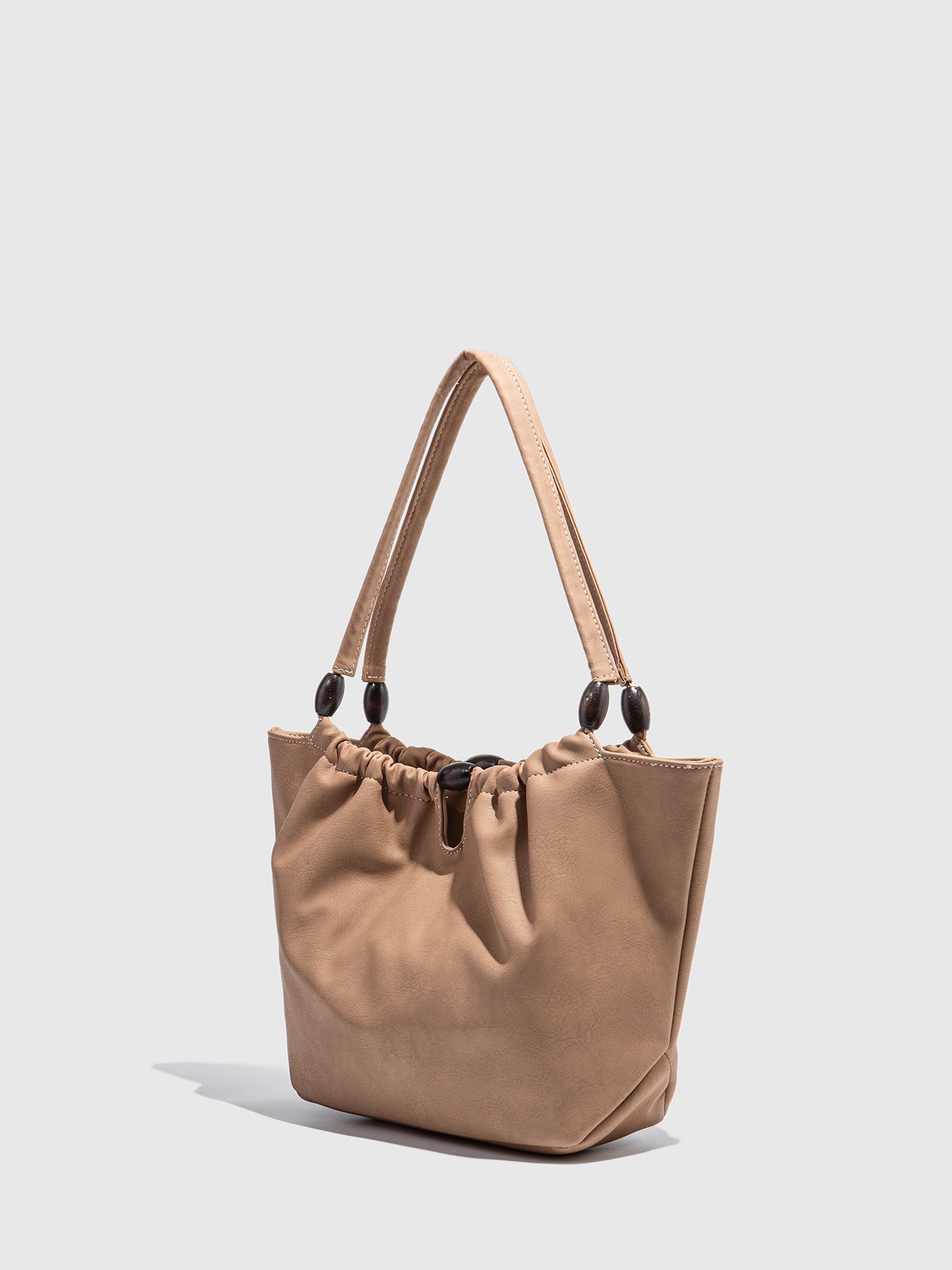 Ruched Flap Shoulder Bag with Wooden Ring Handle – Black / Tan Faux Leather Tote