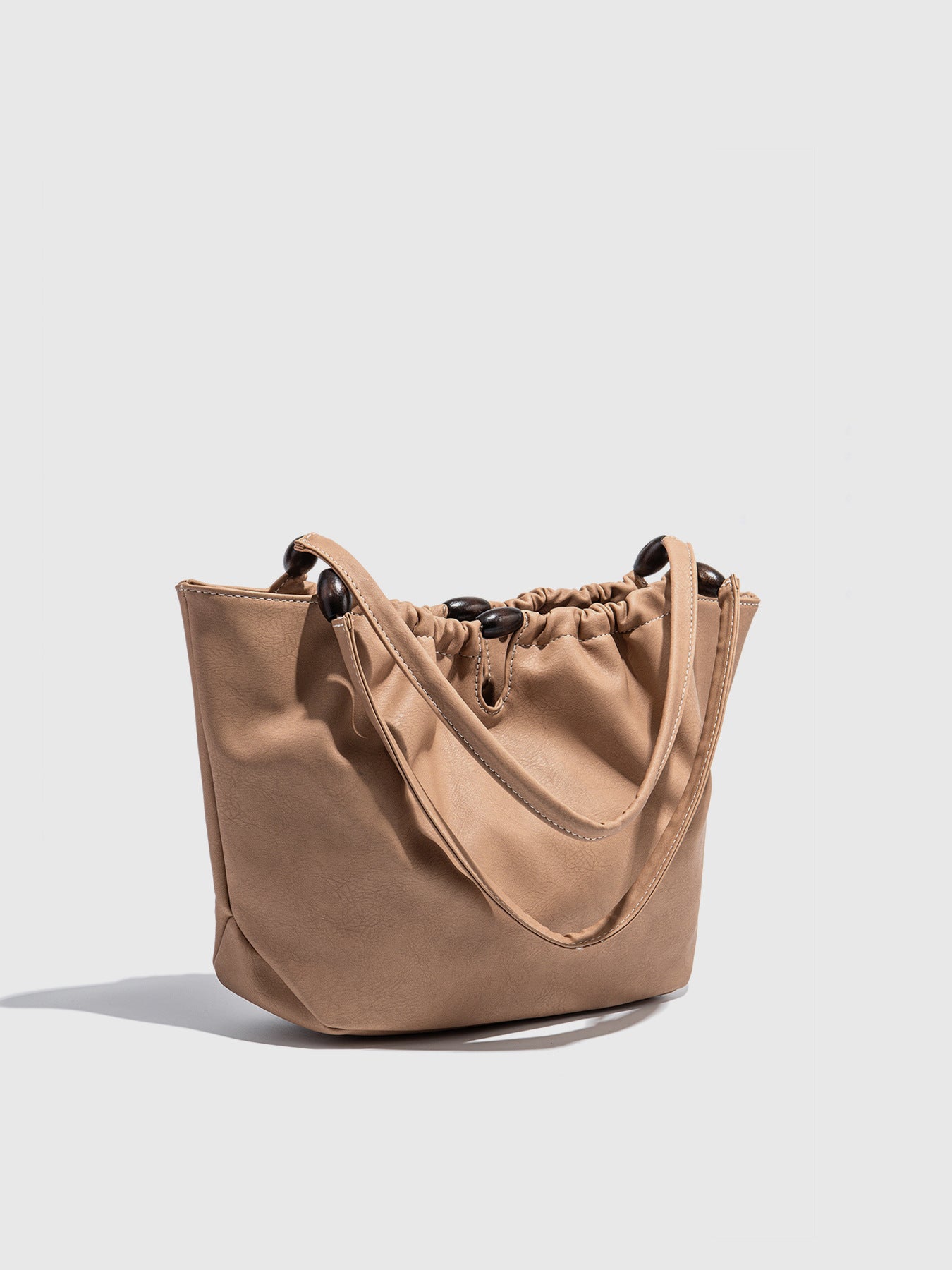 Ruched Flap Shoulder Bag with Wooden Ring Handle – Black / Tan Faux Leather Tote