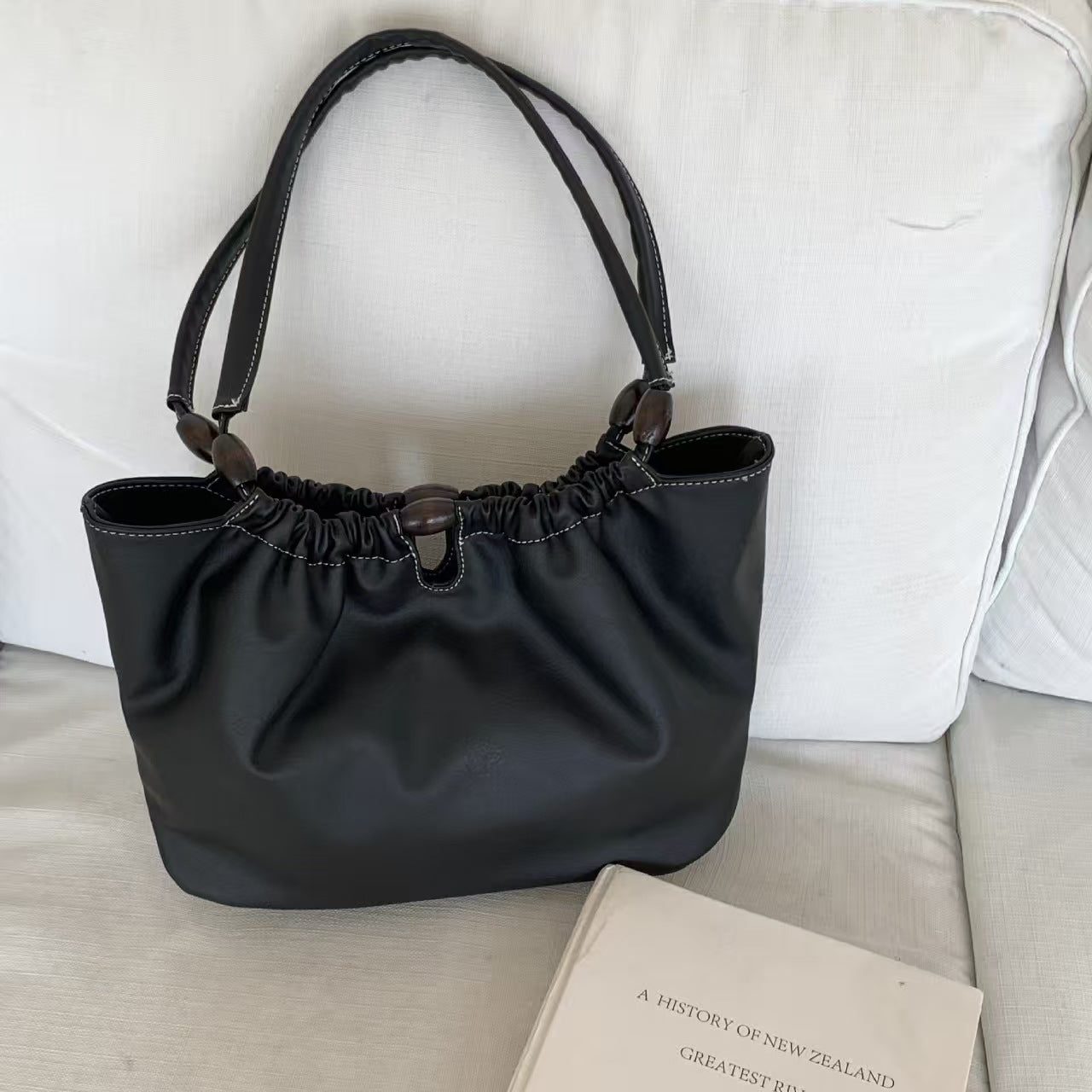 Ruched Flap Shoulder Bag with Wooden Ring Handle – Black / Tan Faux Leather Tote