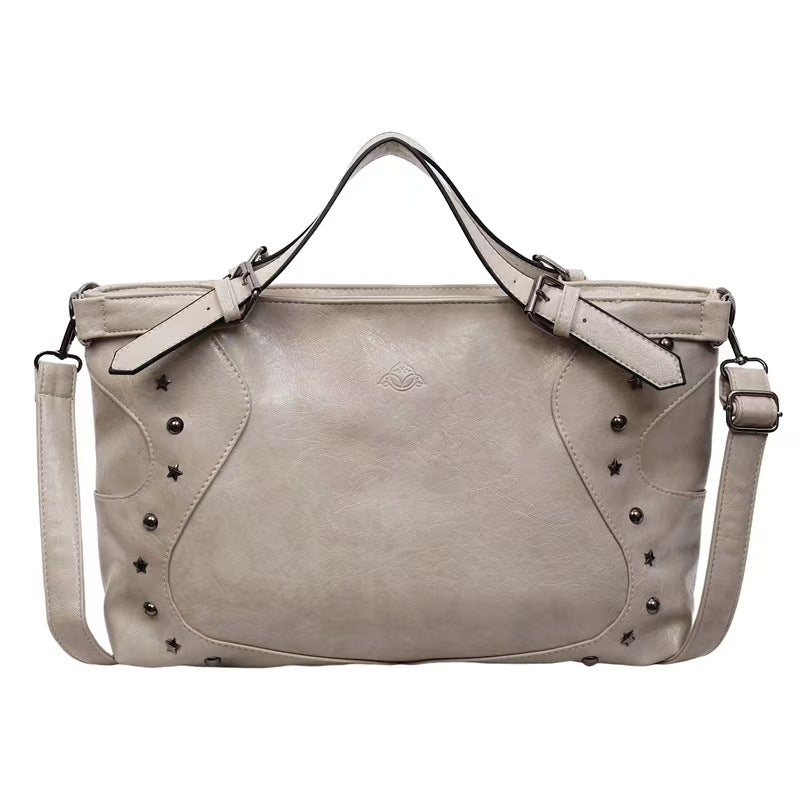 Vintage Star Studded Faux Leather Handbag – Large Shoulder Bag with Top Handle (Black/Coffee/Gray/Burgundy)