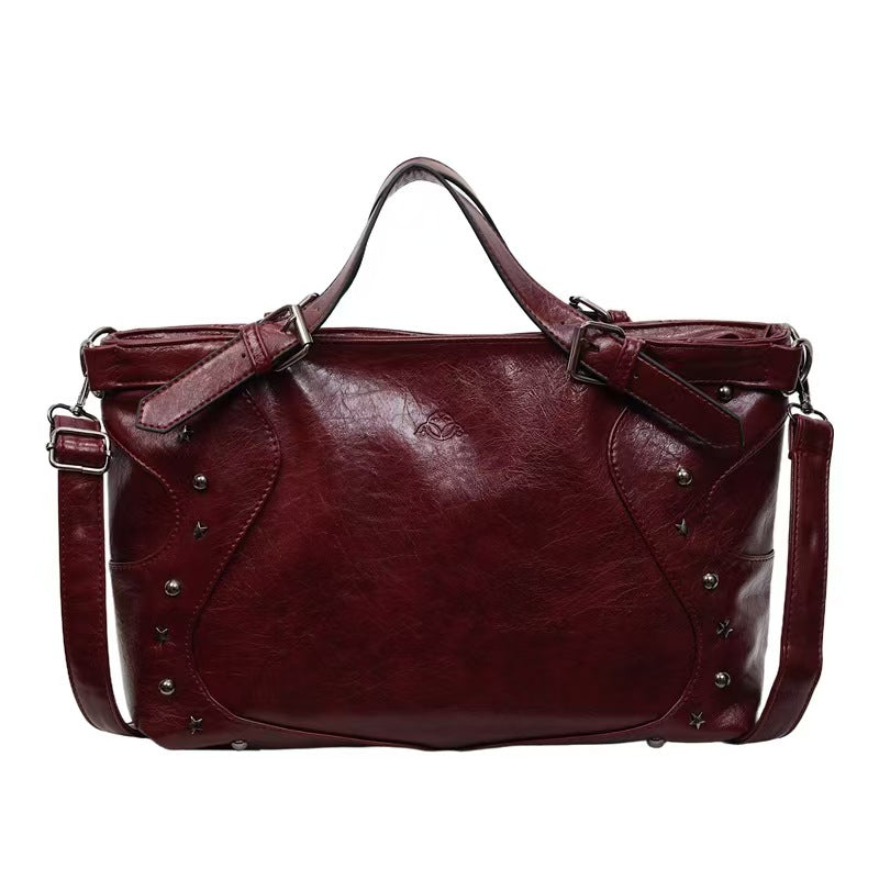 Vintage Star Studded Faux Leather Handbag – Large Shoulder Bag with Top Handle (Black/Coffee/Gray/Burgundy)