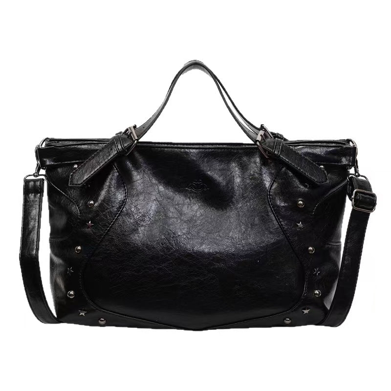 Vintage Star Studded Faux Leather Handbag – Large Shoulder Bag with Top Handle (Black/Coffee/Gray/Burgundy)