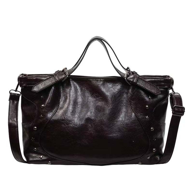 Vintage Star Studded Faux Leather Handbag – Large Shoulder Bag with Top Handle (Black/Coffee/Gray/Burgundy)