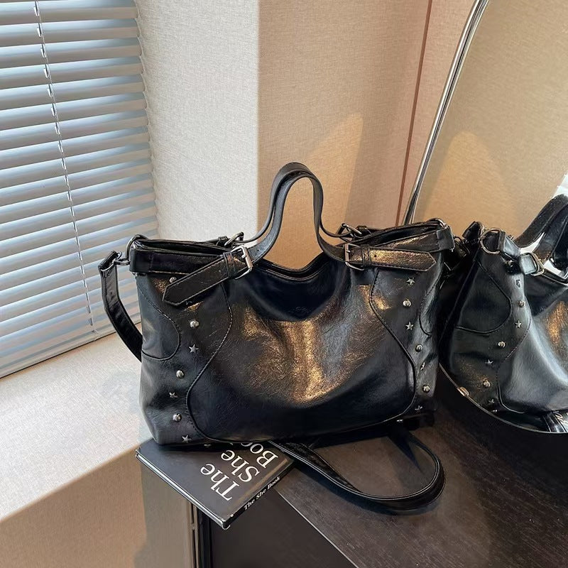 Vintage Star Studded Faux Leather Handbag – Large Shoulder Bag with Top Handle (Black/Coffee/Gray/Burgundy)