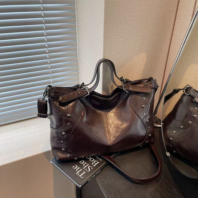 Vintage Star Studded Faux Leather Handbag – Large Shoulder Bag with Top Handle (Black/Coffee/Gray/Burgundy)