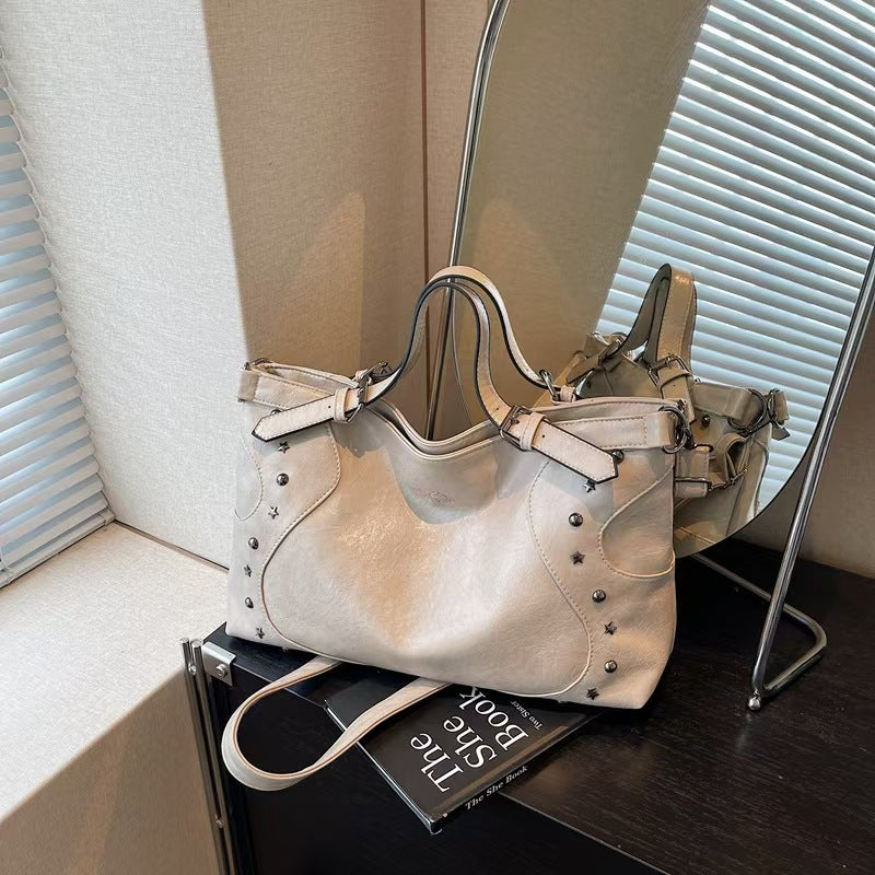 Vintage Star Studded Faux Leather Handbag – Large Shoulder Bag with Top Handle (Black/Coffee/Gray/Burgundy)