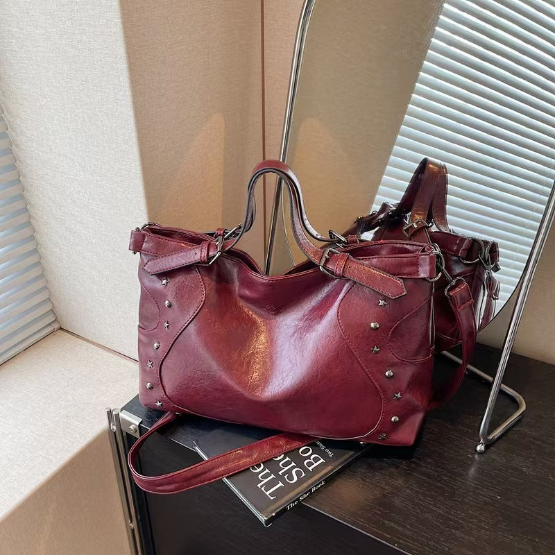 Vintage Star Studded Faux Leather Handbag – Large Shoulder Bag with Top Handle (Black/Coffee/Gray/Burgundy)