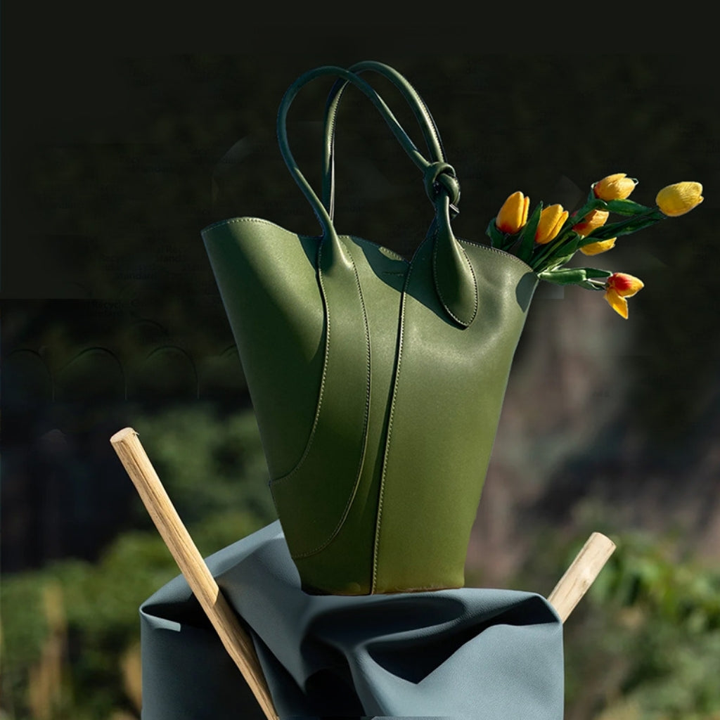 Modern Sculptural Tote Bag – Minimalist Vegan Leather Shoulder Bag in Green & Black