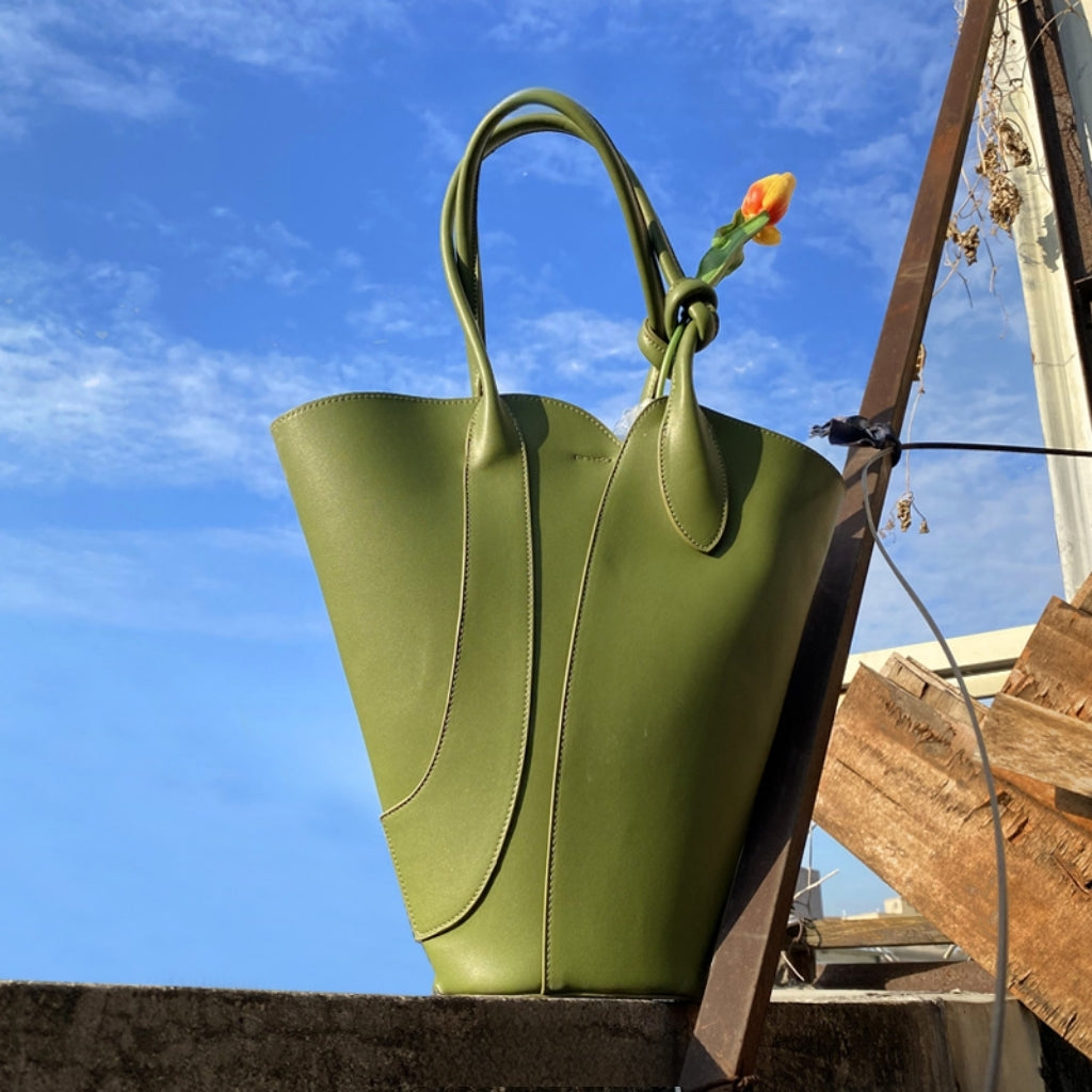 Modern Sculptural Tote Bag – Minimalist Vegan Leather Shoulder Bag in Green & Black
