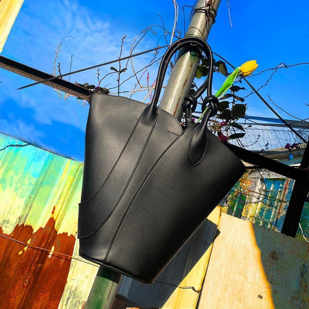 Modern Sculptural Tote Bag – Minimalist Vegan Leather Shoulder Bag in Green & Black