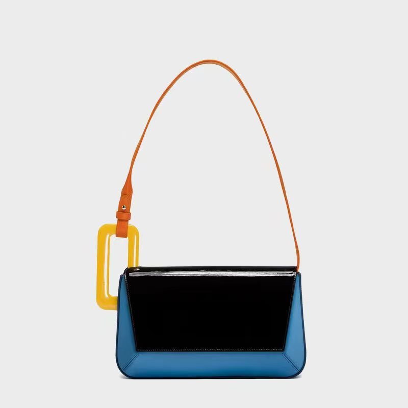 Colorblock Geometric Shoulder Bag – Retro Style with Acrylic Buckle | Multicolor Designer Purse
