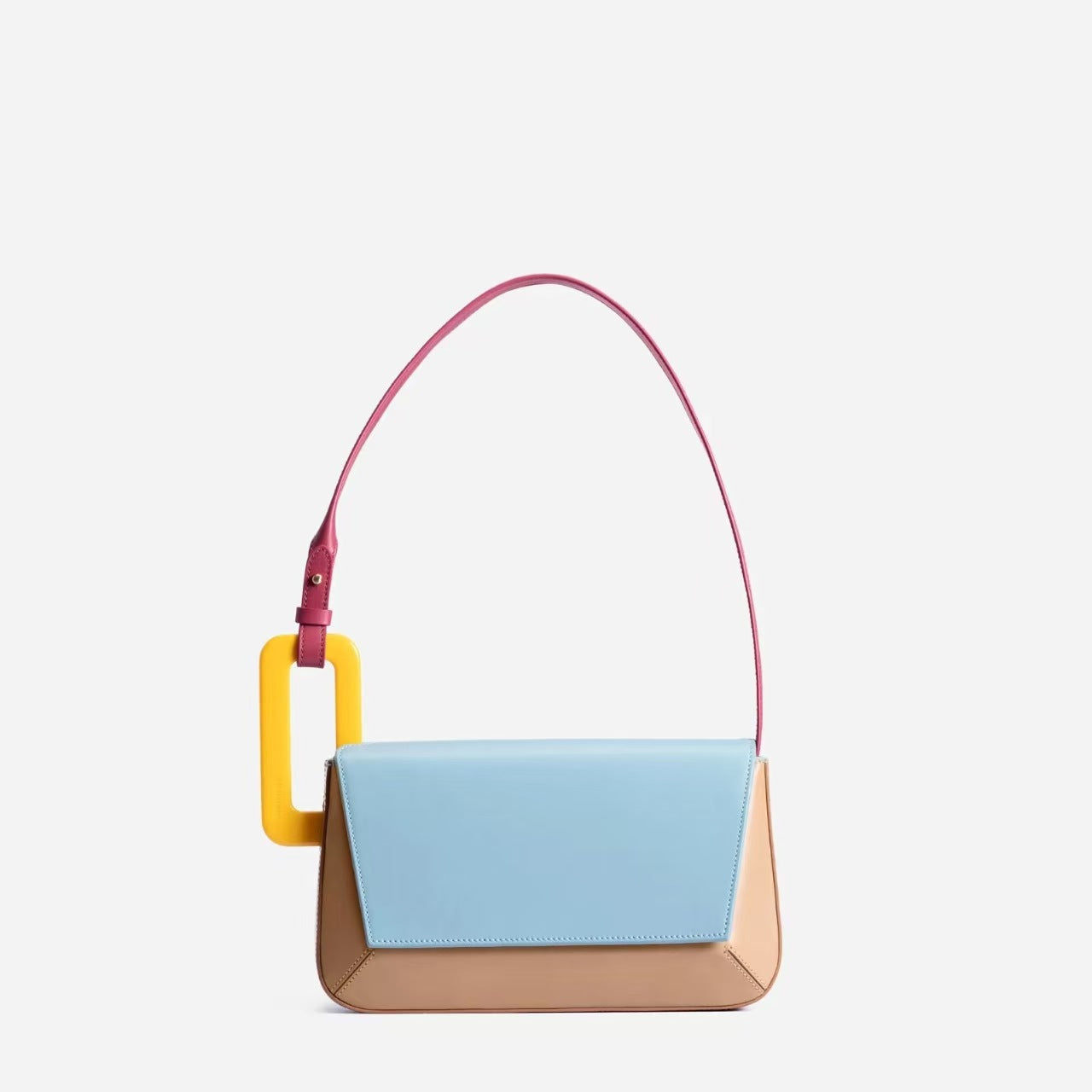 Colorblock Geometric Shoulder Bag – Retro Style with Acrylic Buckle | Multicolor Designer Purse