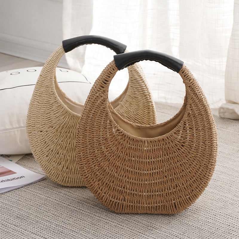 Crescent Moon Woven Rattan Bag – Summer Straw Shoulder Handbag with Black Handle