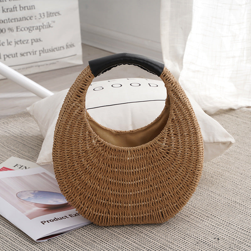 Crescent Moon Woven Rattan Bag – Summer Straw Shoulder Handbag with Black Handle