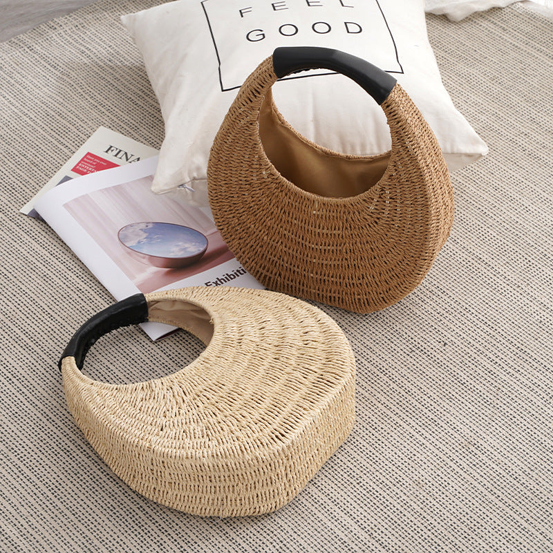 Crescent Moon Woven Rattan Bag – Summer Straw Shoulder Handbag with Black Handle