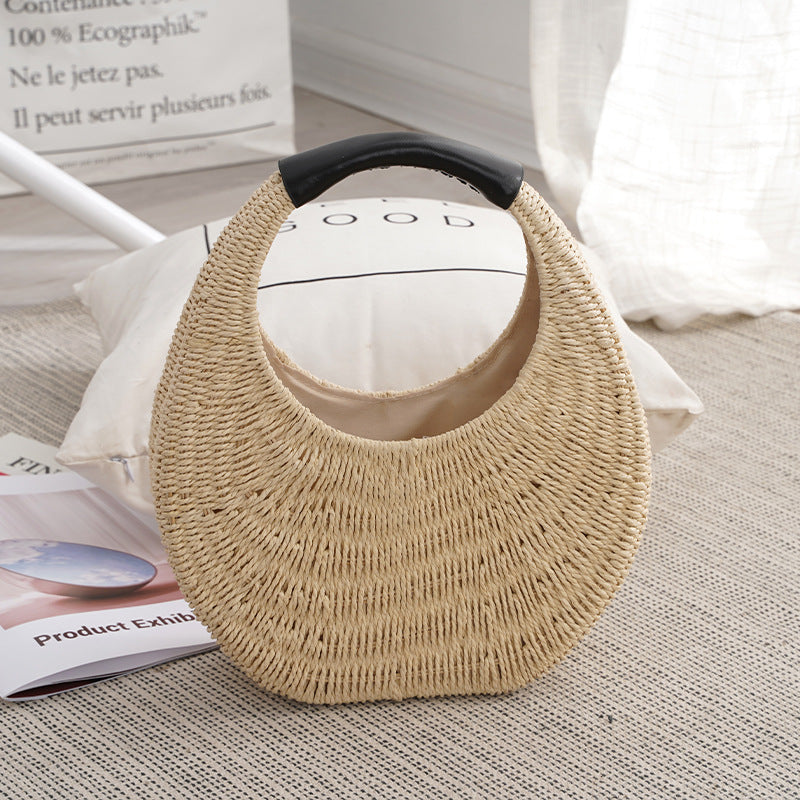 Crescent Moon Woven Rattan Bag – Summer Straw Shoulder Handbag with Black Handle