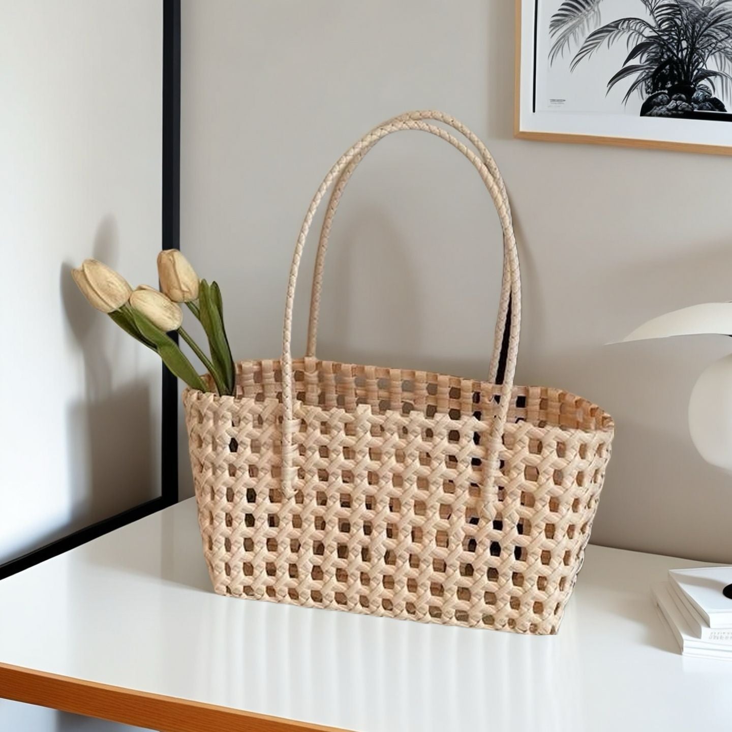 Woven Tote Bag - Handmade Lightweight Straw Basket for Summer, Beach & Daily Use | Natural/Black/White/Green/Brown