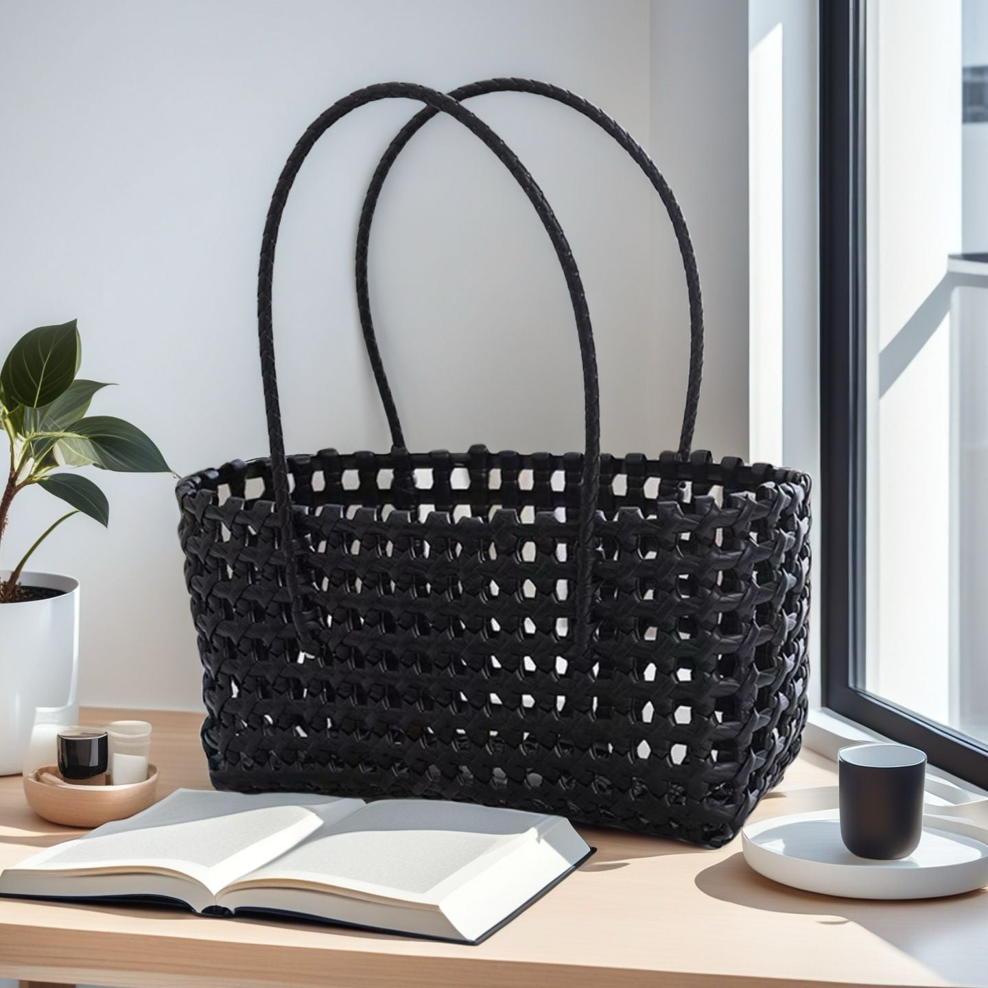 Woven Tote Bag - Handmade Lightweight Straw Basket for Summer, Beach & Daily Use | Natural/Black/White/Green/Brown