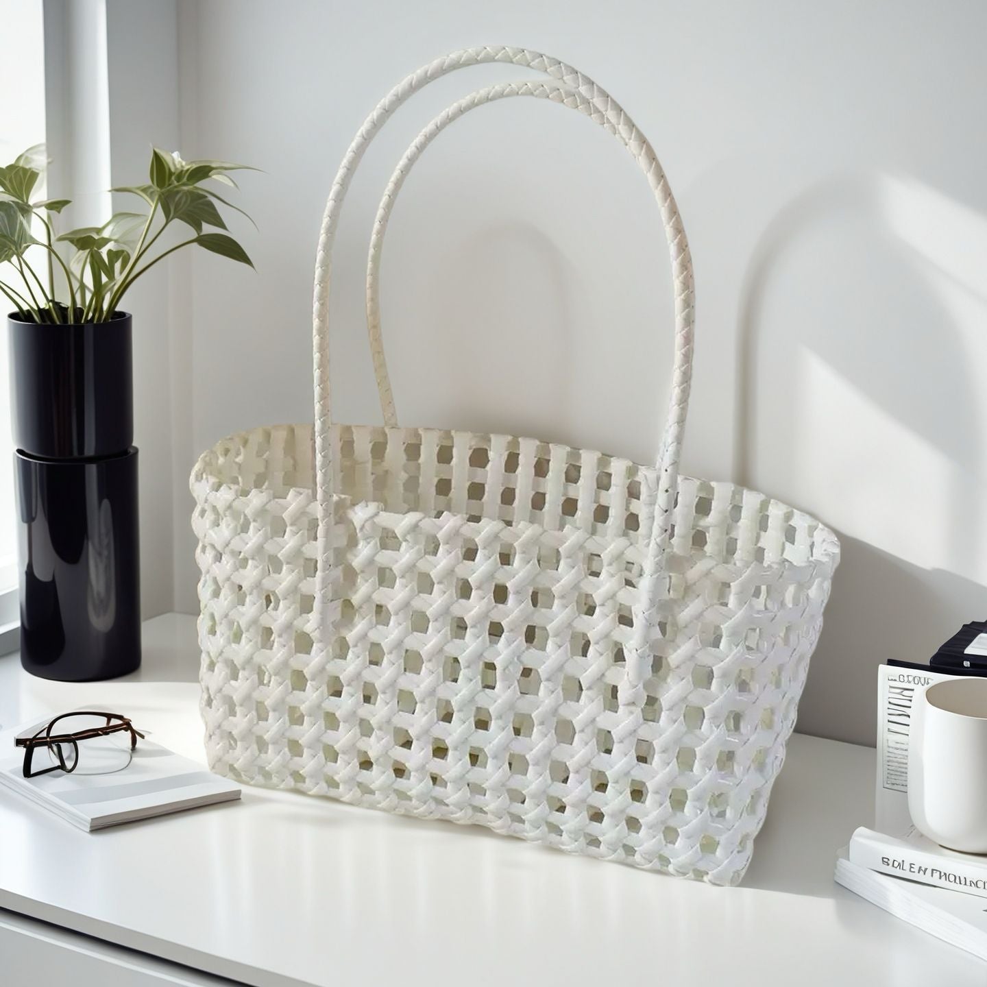 Woven Tote Bag - Handmade Lightweight Straw Basket for Summer, Beach & Daily Use | Natural/Black/White/Green/Brown