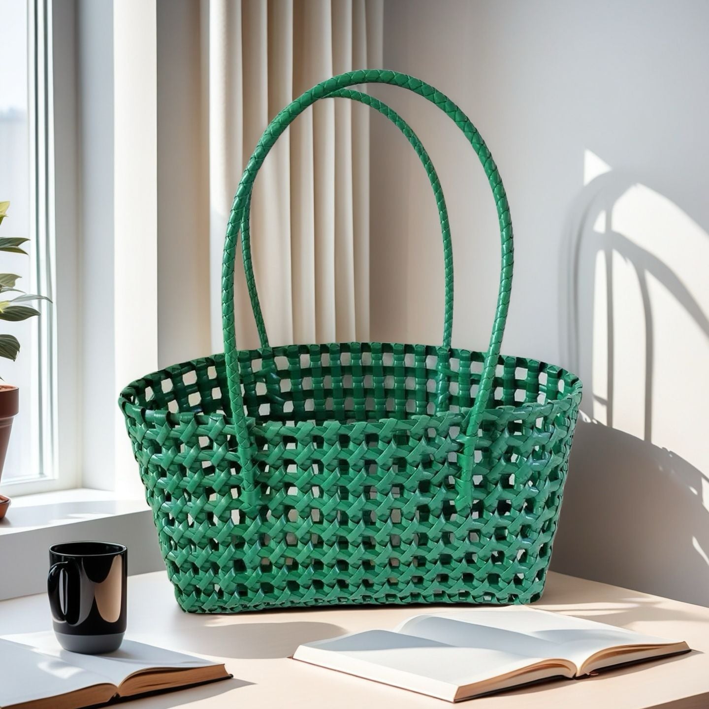 Woven Tote Bag - Handmade Lightweight Straw Basket for Summer, Beach & Daily Use | Natural/Black/White/Green/Brown
