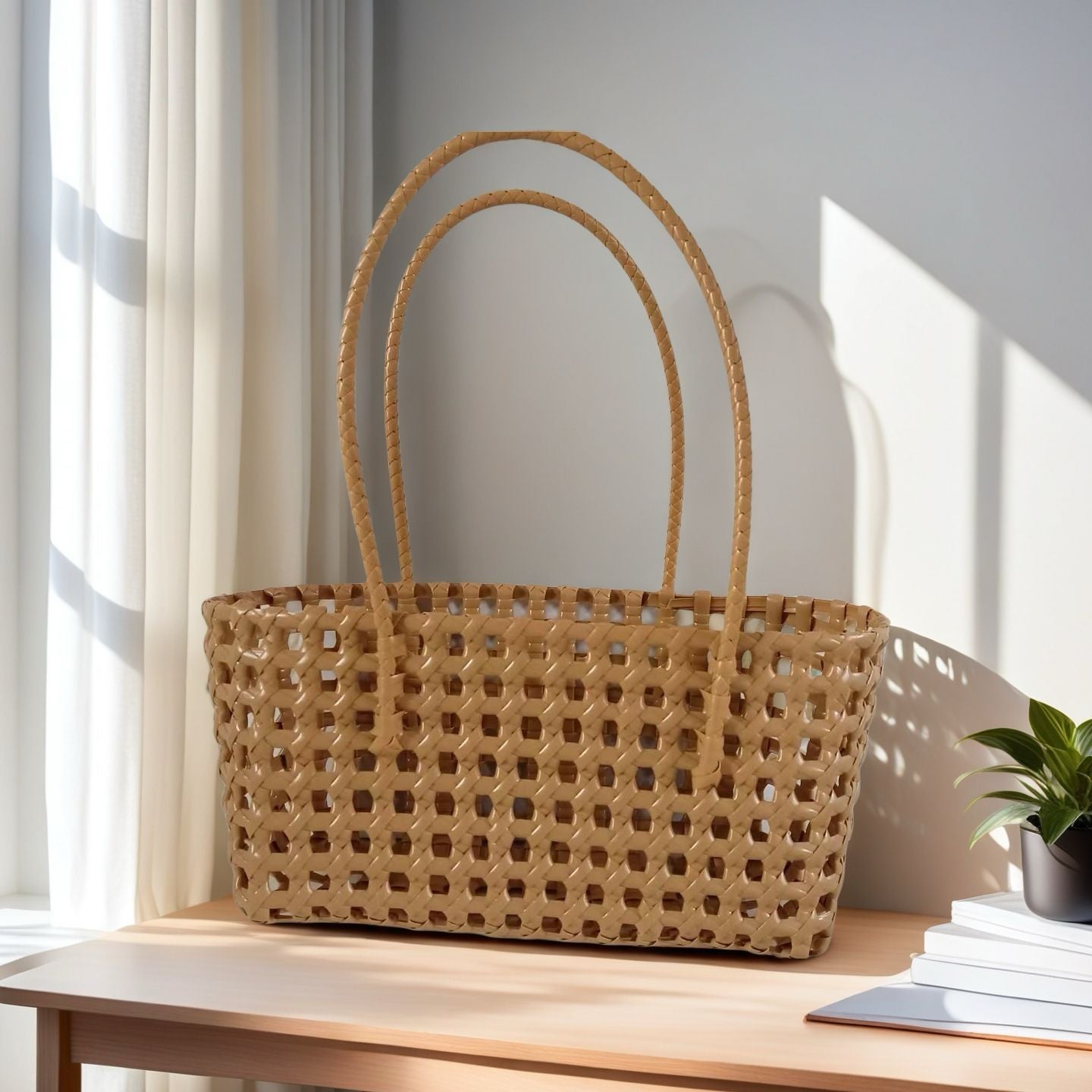 Woven Tote Bag - Handmade Lightweight Straw Basket for Summer, Beach & Daily Use | Natural/Black/White/Green/Brown