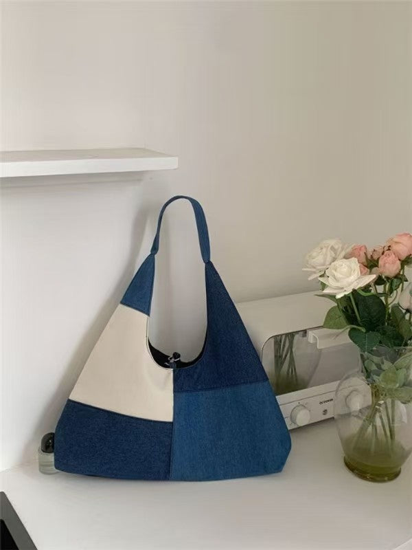 Colorblock Denim Patchwork Hobo Bag – Retro Casual Shoulder Tote