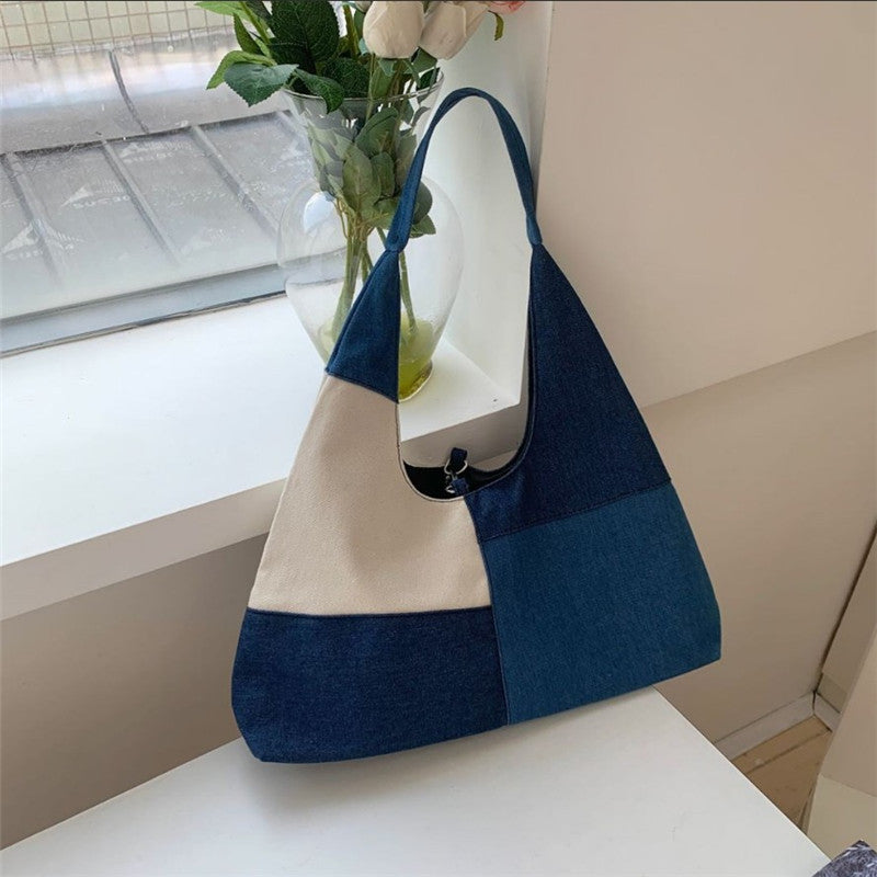 Colorblock Denim Patchwork Hobo Bag – Retro Casual Shoulder Tote