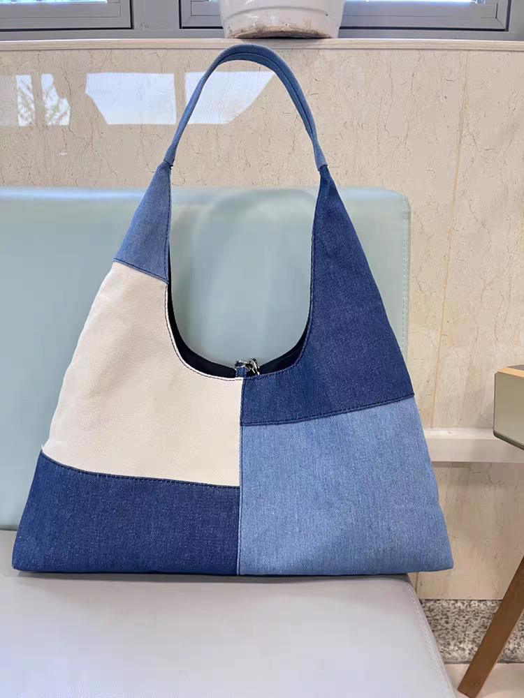 Colorblock Denim Patchwork Hobo Bag – Retro Casual Shoulder Tote